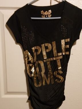 Black V-Neck Women's Top with Gold Foil Text